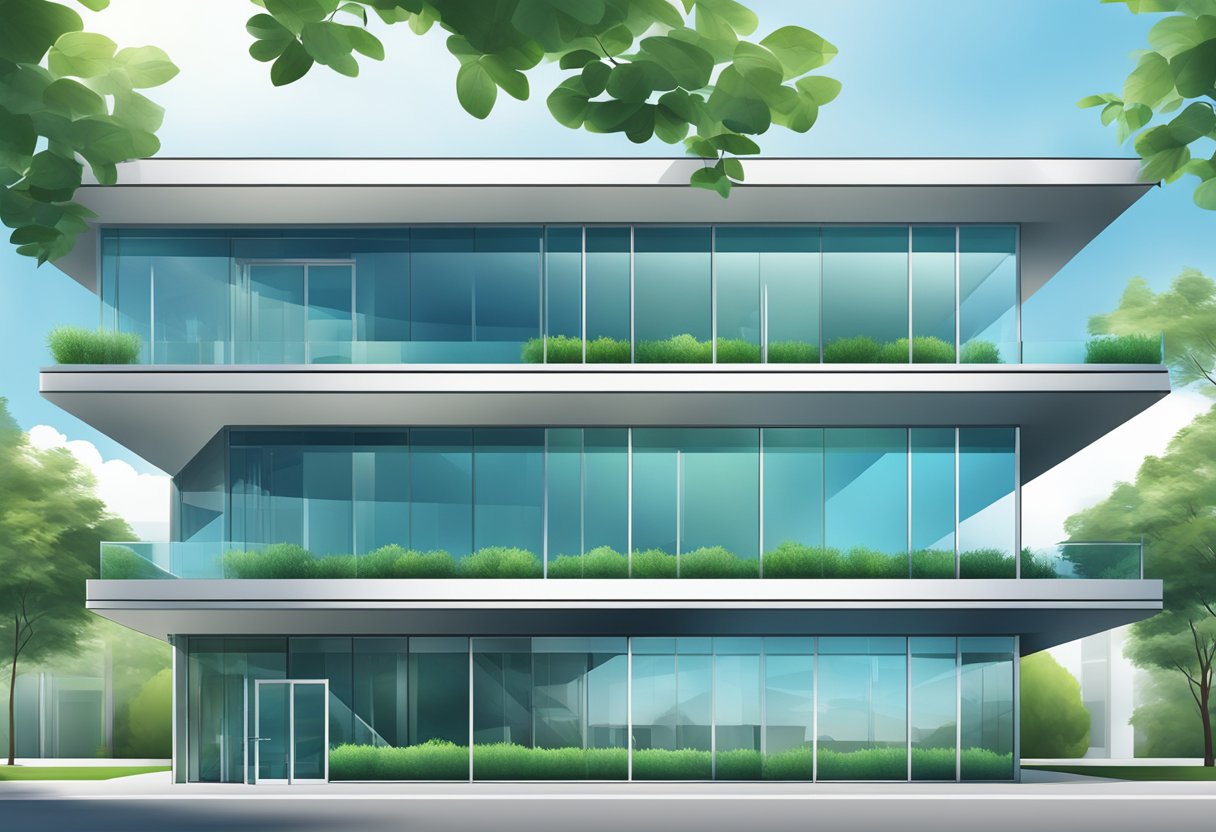 A modern office building with sleek lines and glass exterior, surrounded by lush greenery and a clear blue sky