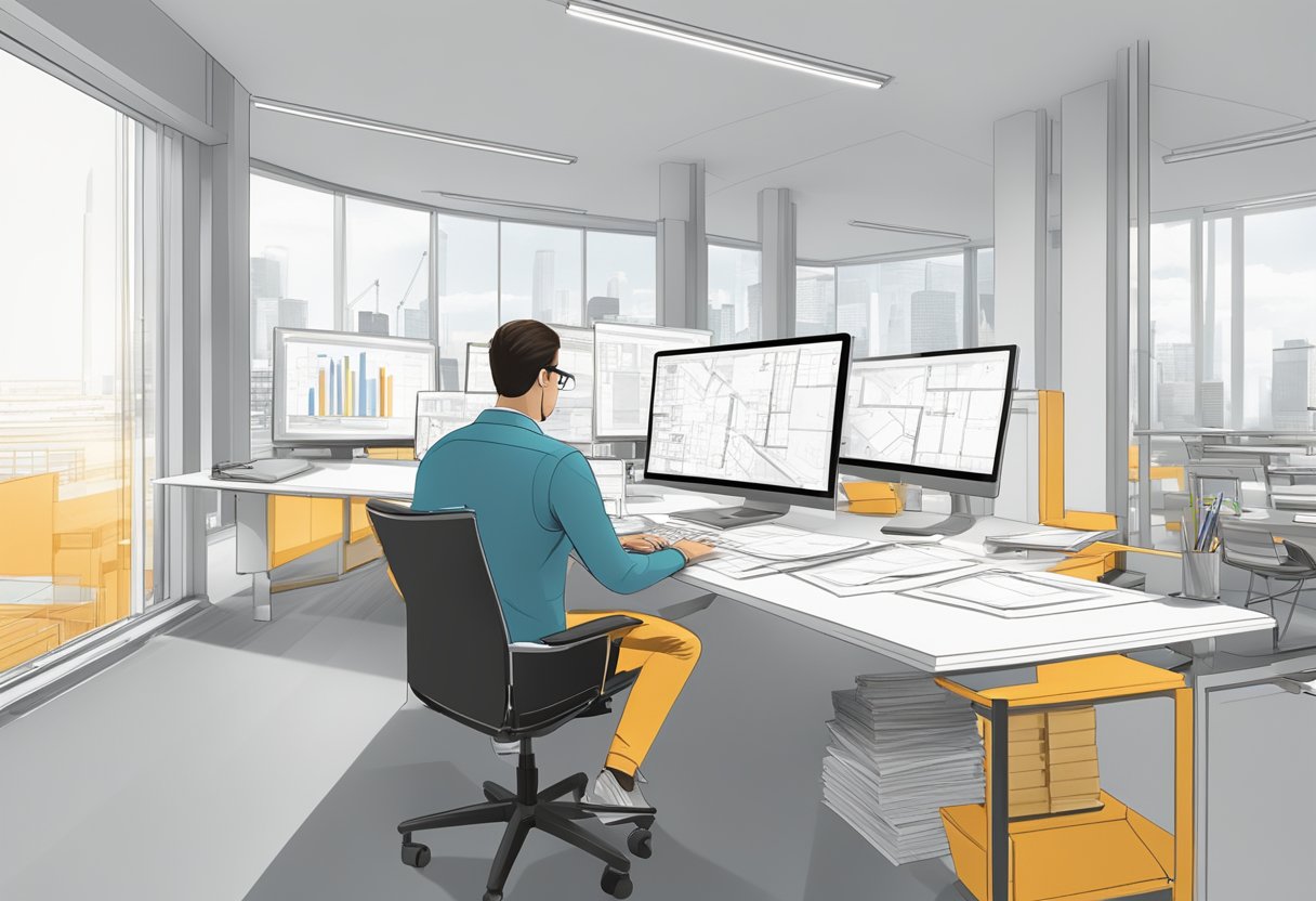 An architect working at a desk with a computer, drafting tools, and architectural plans spread out in a bright, modern office space