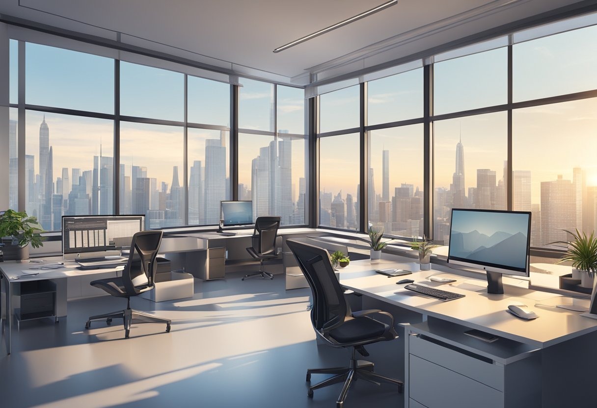 A modern office space with architectural blueprints, computers, and design tools scattered across the desk. A large window overlooks a city skyline