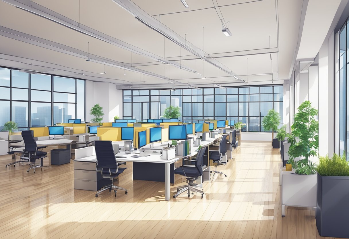 A modern office space with architectural blueprints and computer workstations for freelance architecture and architecture outsourcing