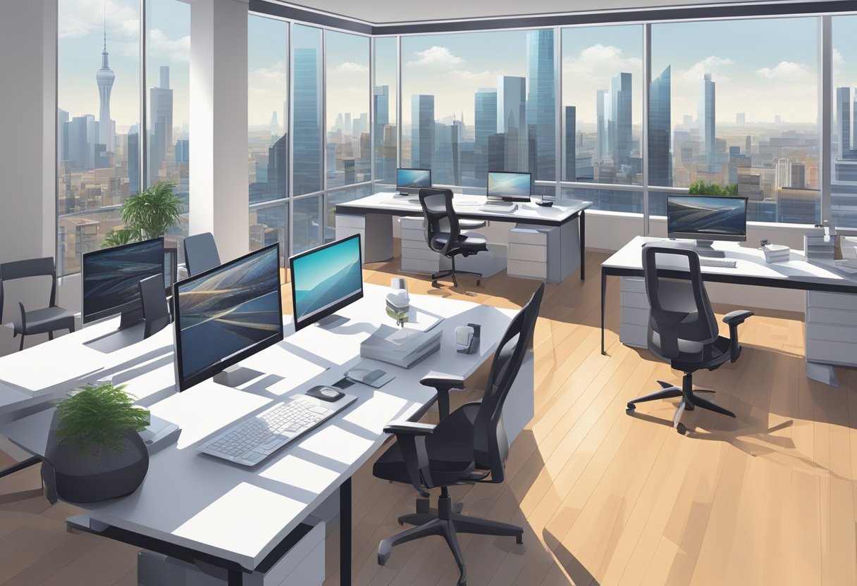 A modern architectural design studio with drafting tables, computers, and large windows overlooking a city skyline