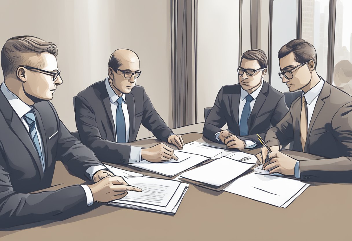 Three figures signing contracts at a conference table. One figure is pointing to a document while the other two are nodding in agreement