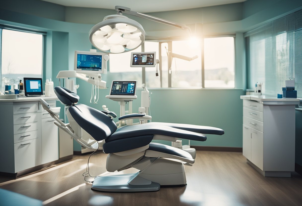 A serene dental office with a reclining chair, bright overhead light, and a dentist preparing to perform a dental implant procedure