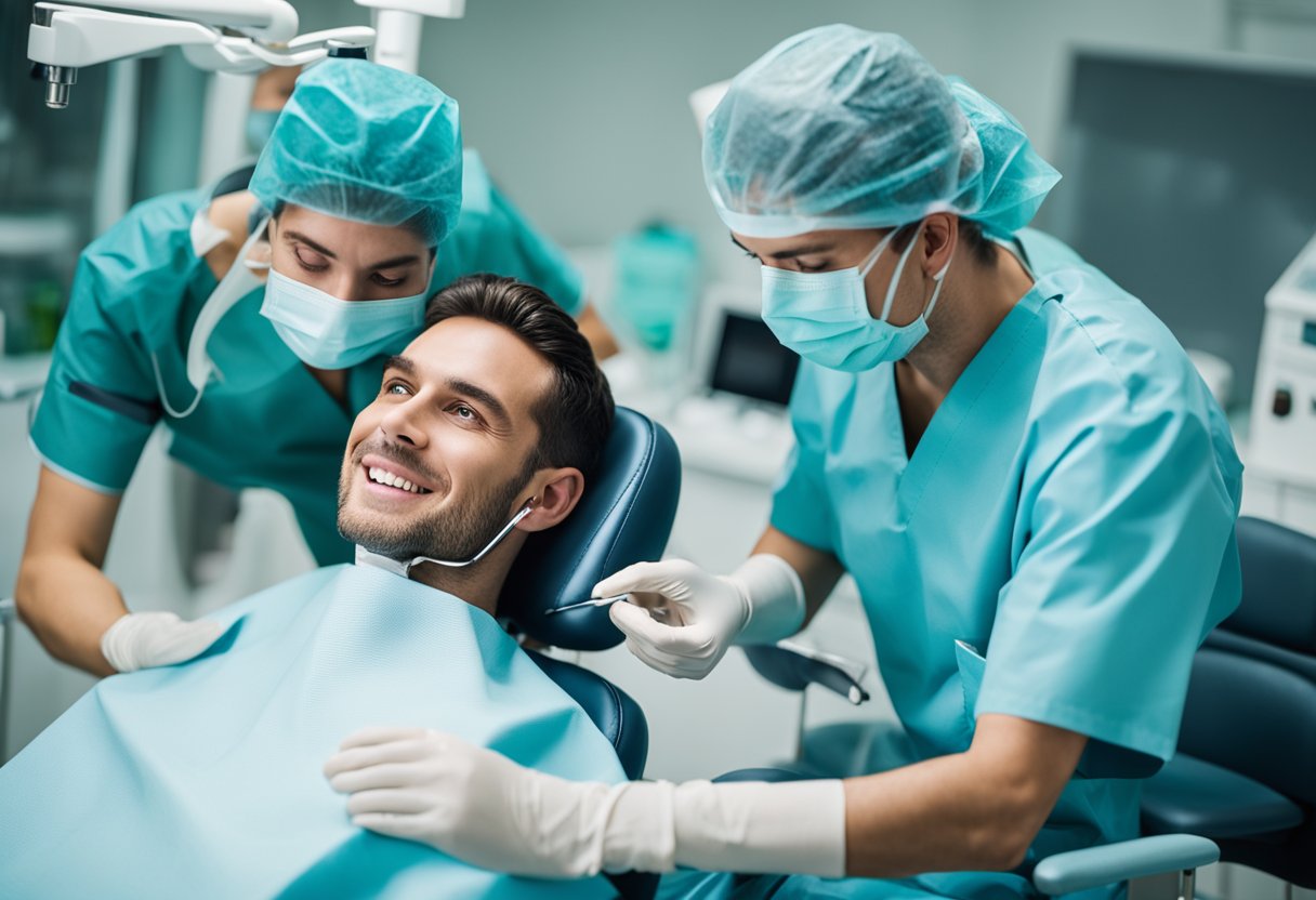 A person sitting in a dentist's chair, with a dental implant being carefully inserted into their jaw. The dentist and assistant are wearing masks and gloves, while the patient looks apprehensive but hopeful