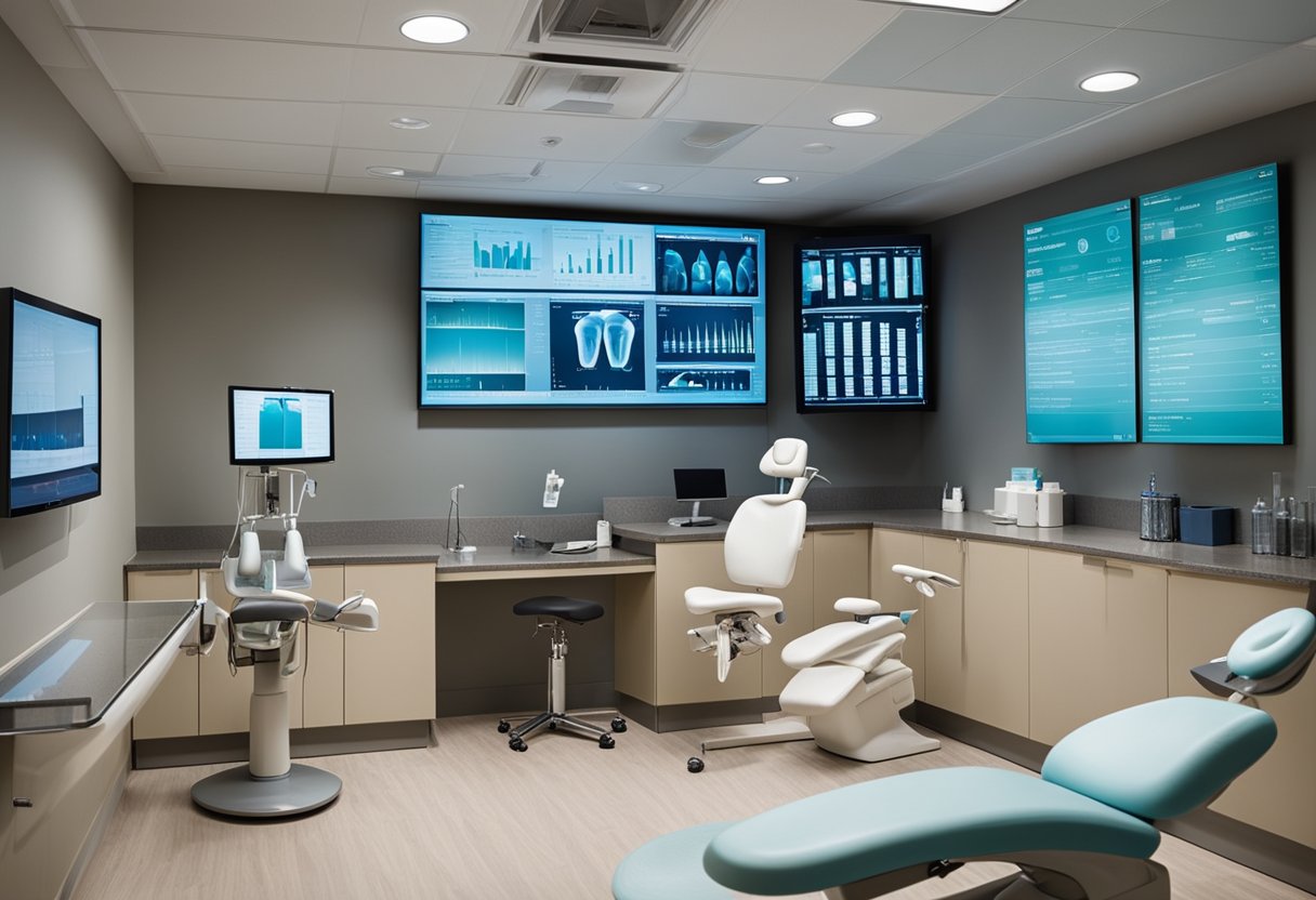 A serene dental office with a comfortable recovery room, featuring a soothing color scheme and soft lighting. A timeline chart on the wall illustrates the healing process of dental implants