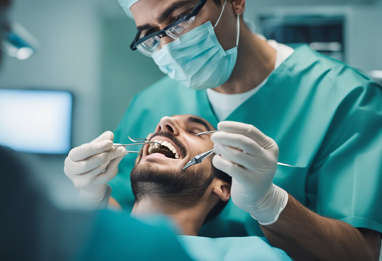 A dentist carefully placing a dental implant into a patient's jaw, surrounded by sterile tools and equipment in a modern dental office