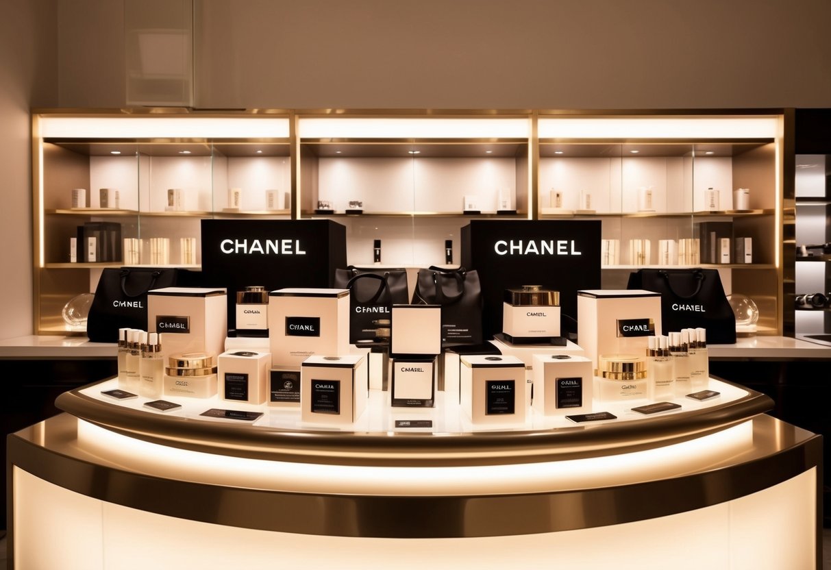 A luxurious display of Chanel products arranged on a sleek, modern counter with soft, warm lighting highlighting the elegant packaging and branding