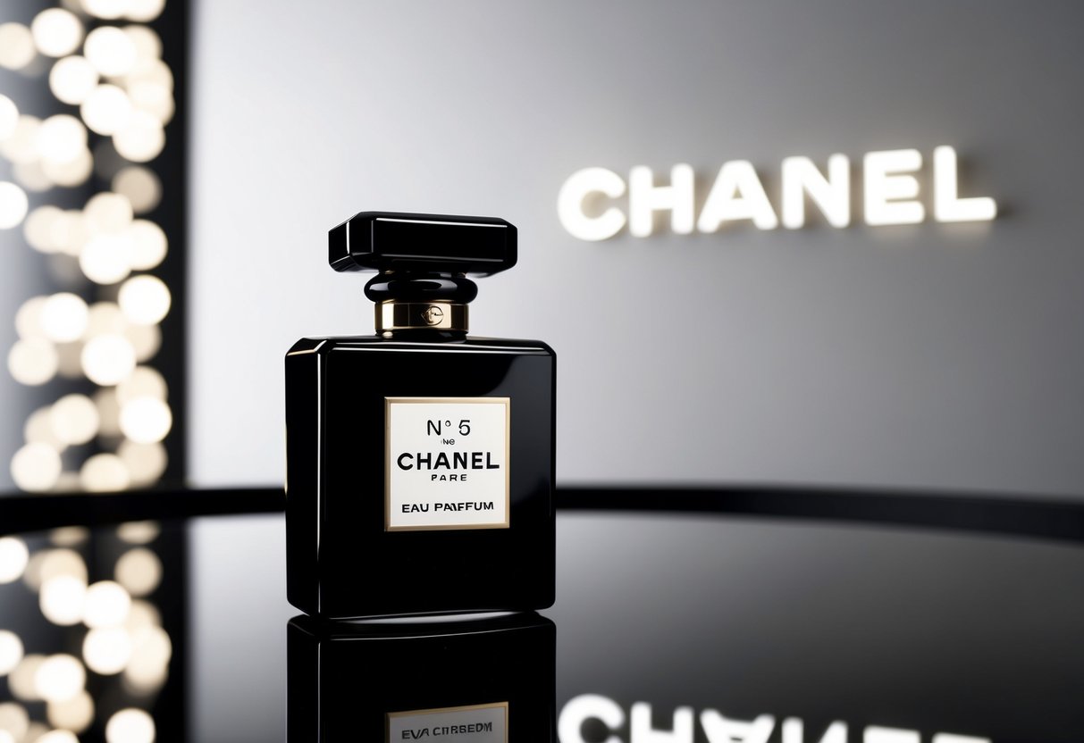 A sleek, black bottle of Chanel No. 5 Eau de Parfum displayed on a luxurious, minimalist backdrop with the Chanel logo subtly in the background