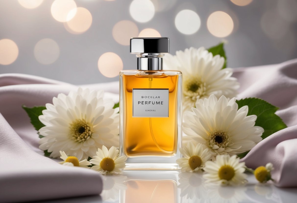 A sleek perfume bottle surrounded by delicate flowers and luxurious fabrics, evoking a sense of timeless elegance and sophistication