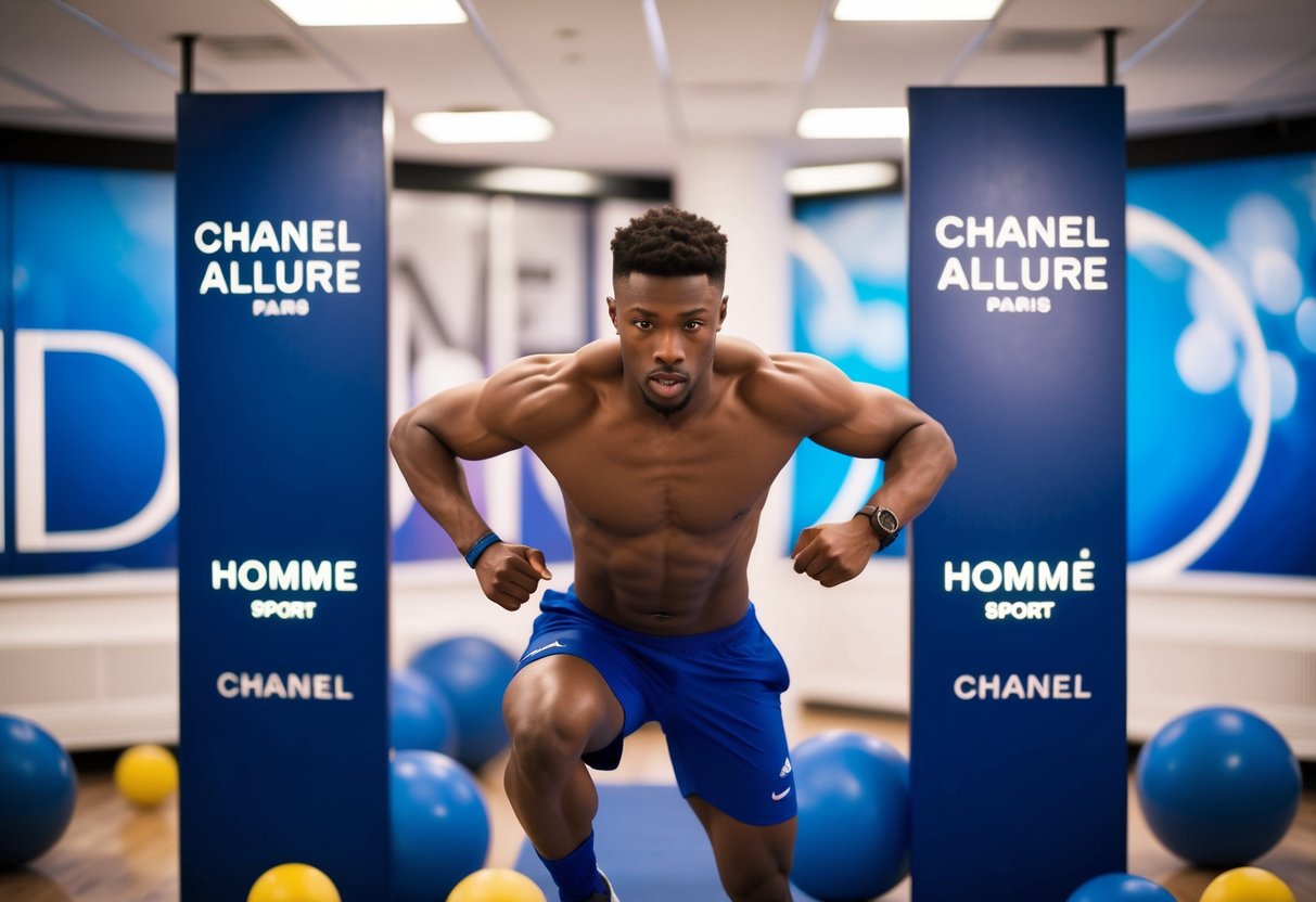 A dynamic and vibrant scene of a sporty individual engaged in an invigorating activity, surrounded by the iconic branding of Chanel Allure Homme Sport