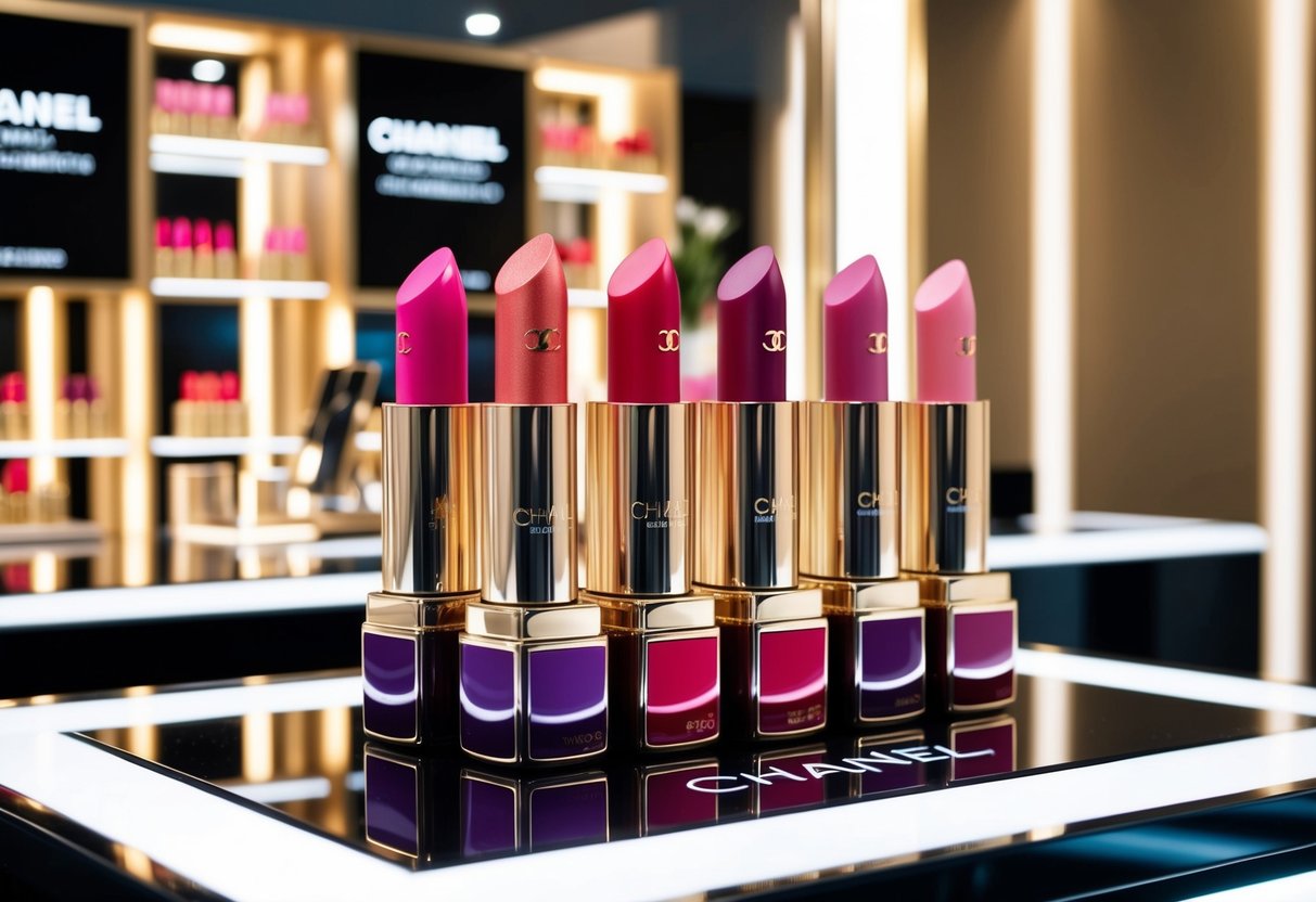 Vibrant lipstick tubes displayed on a luxurious, branded counter. Chanel promotions highlighted with elegant signage and lighting