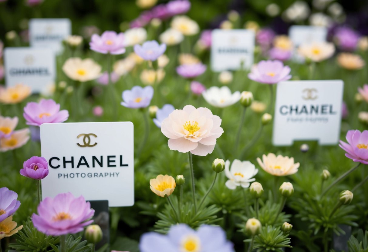 A garden of delicate flowers in soft pastel hues, surrounded by Chanel branding and promotional materials
