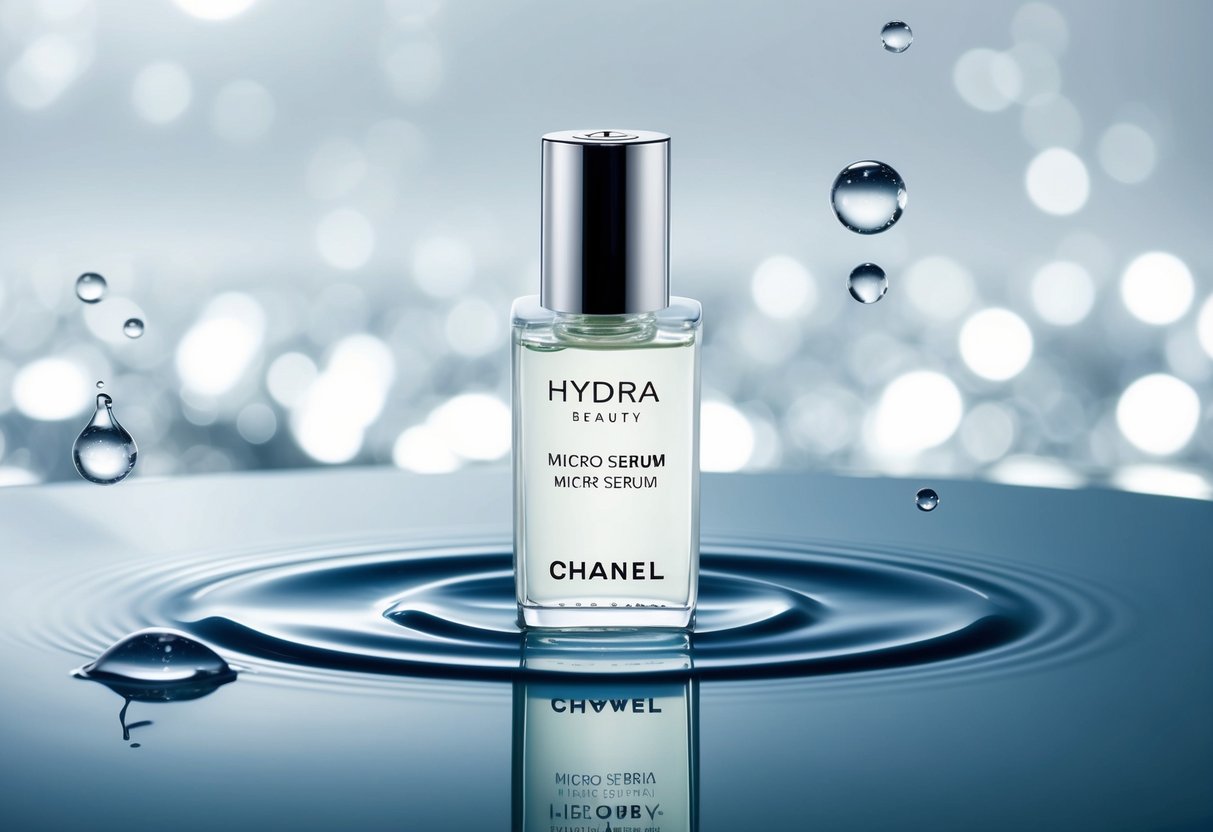 A clear, elegant bottle of Hydra Beauty Micro Serum sits on a sleek, reflective surface, surrounded by delicate droplets of water. A subtle Chanel logo adorns the packaging