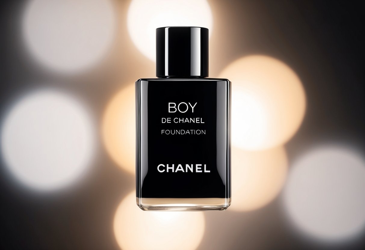 A sleek, black Chanel Boy De Chanel Foundation bottle surrounded by soft, diffused lighting, with a subtle glow emanating from the product