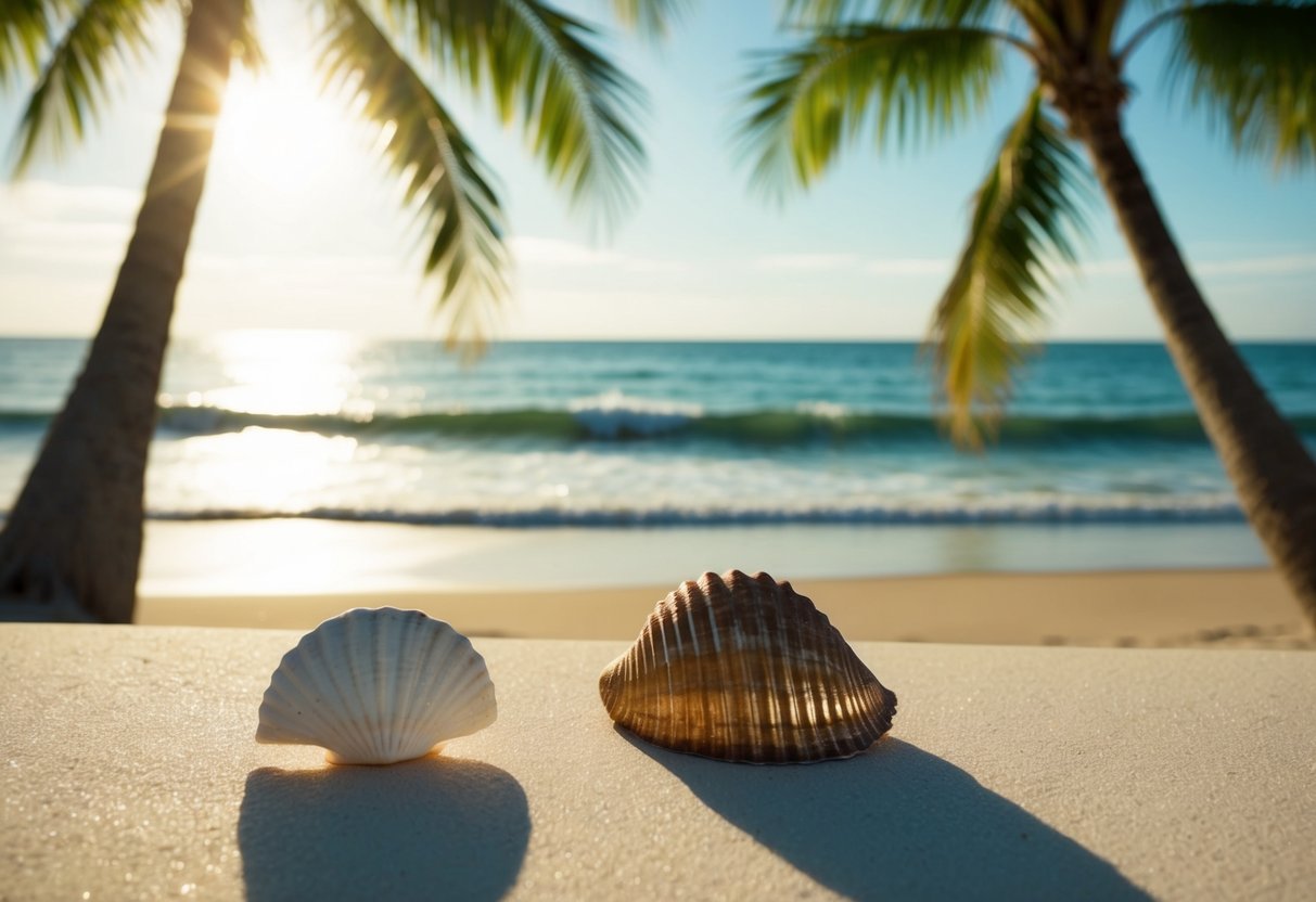 A sunlit beach with palm trees casting shadows, a bronzed seashell and shimmering waves