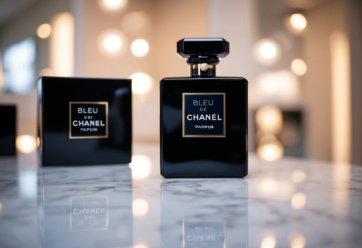 A sleek black bottle of Bleu de Chanel Parfum sits on a luxurious marble countertop, surrounded by soft lighting and the iconic Chanel logo