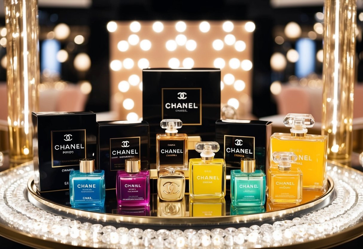 A glamorous display of Chanel products with vibrant colors and elegant packaging, surrounded by sparkling lights and luxurious decor