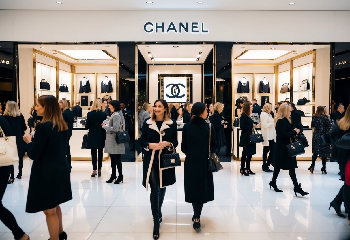A luxurious Chanel store with elegant displays and a crowd of stylish shoppers enjoying exclusive promotions