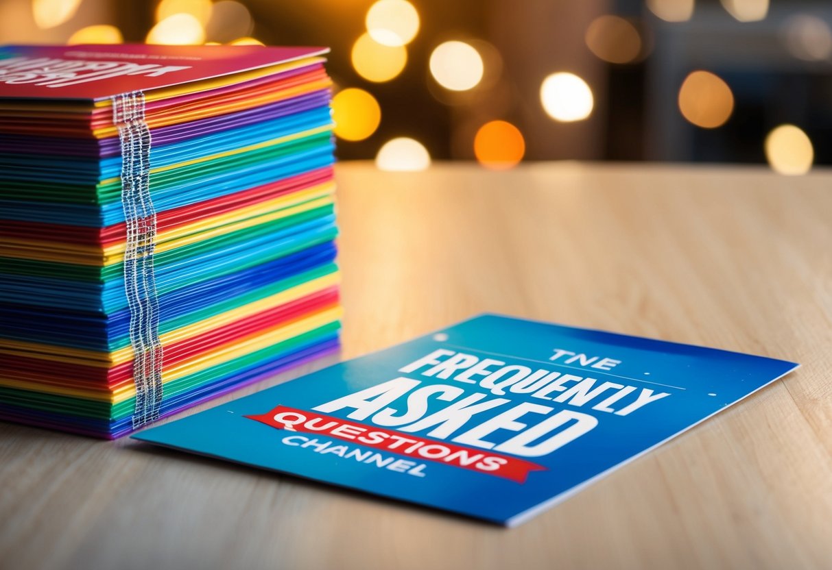 A stack of colorful promotional materials for the Frequently Asked Questions channel
