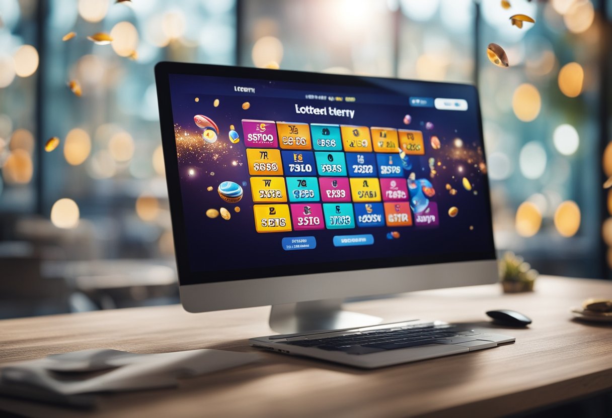 Sebuah situs web lotere online yang berwarna-warni dengan logo dan berbagai opsi permainan yang ditampilkan di layar