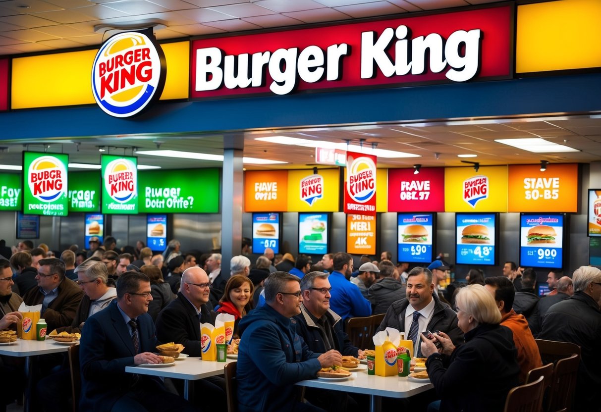 A crowded Burger King restaurant with colorful promotional signs and banners. Customers enjoying discounted meals and special offers
