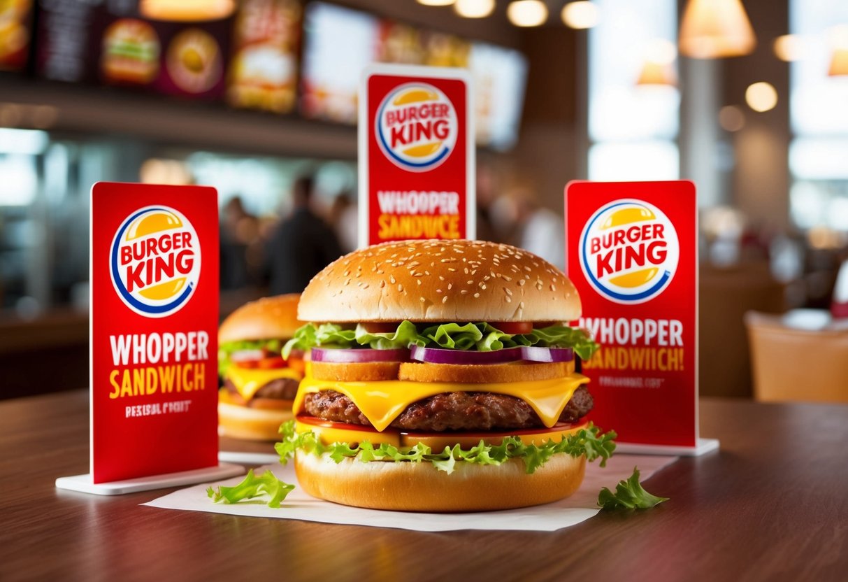 A mouth-watering Whopper sandwich surrounded by promotional signage at a Burger King restaurant