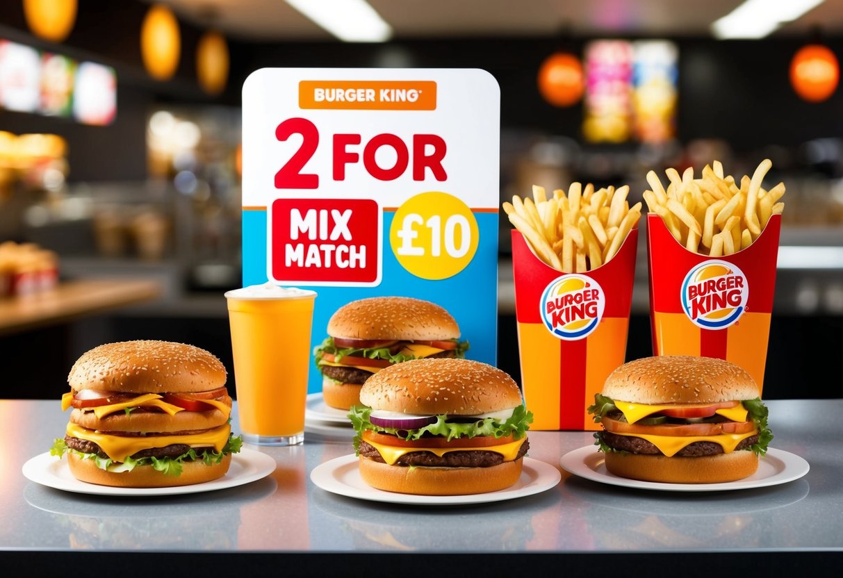 A colorful display of 2 for £10 Mix and Match Meals at Burger King, featuring burgers, fries, and drinks