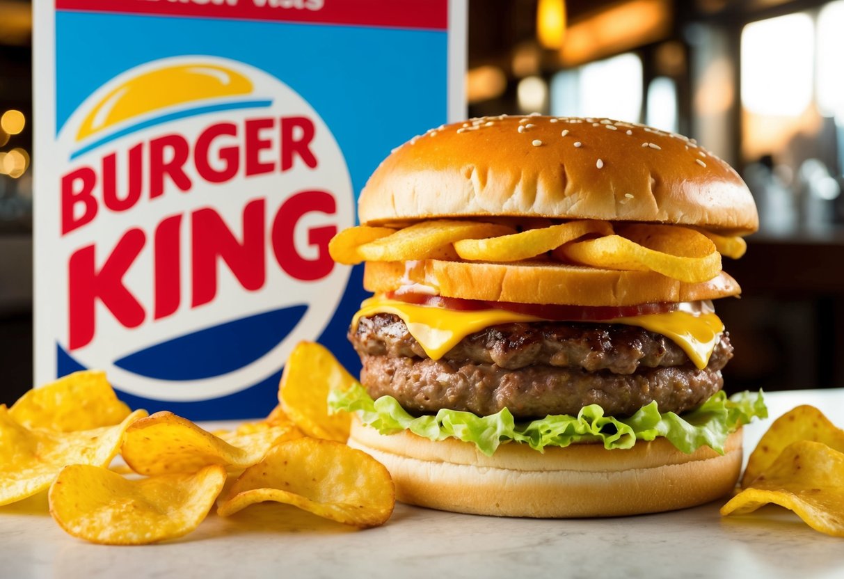 A colorful Burger King promotion poster featuring a large, juicy burger and a generous portion of golden, crispy chips