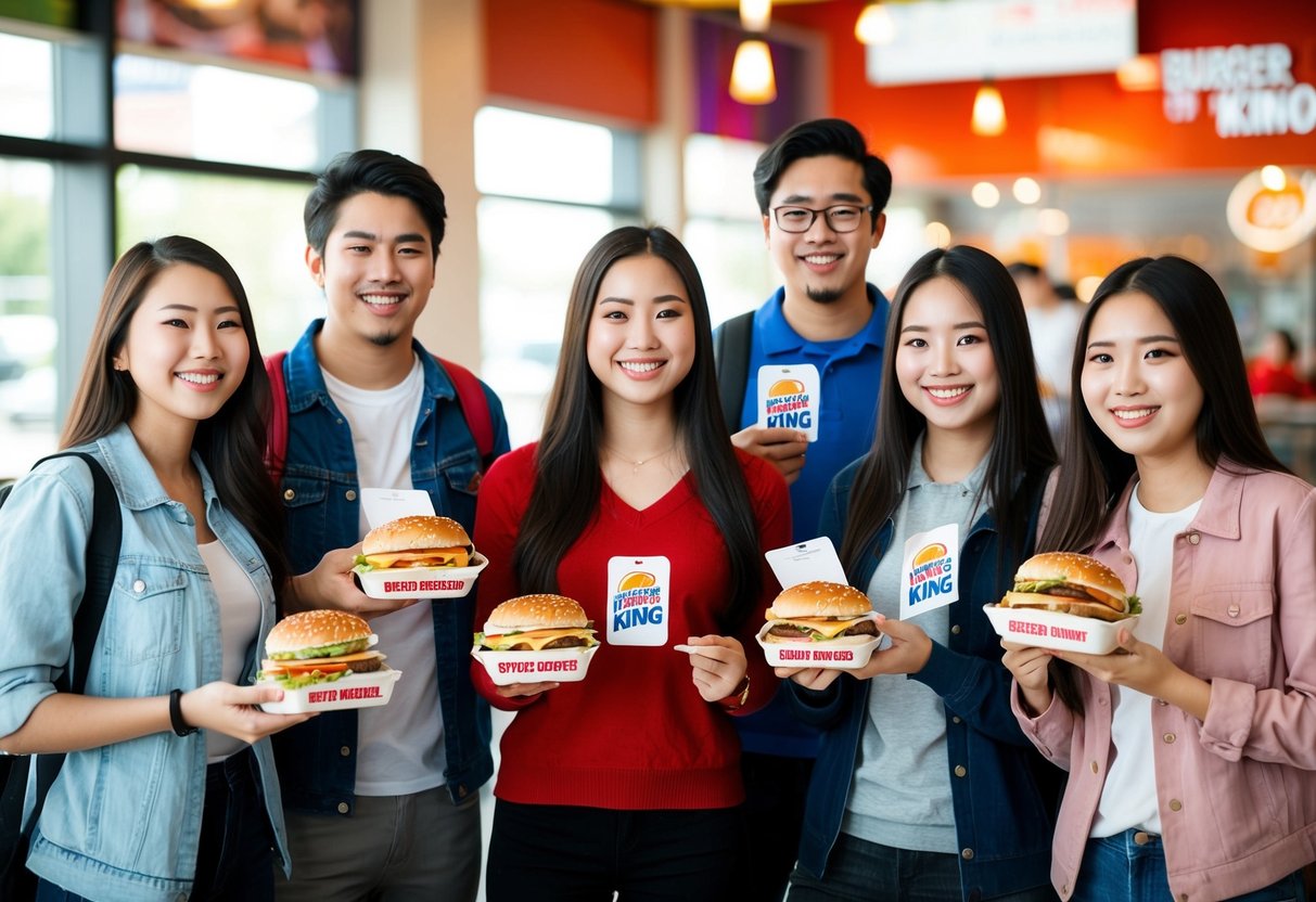 A group of students holding Burger King meals and showing their student IDs to receive a 10% discount at the restaurant
