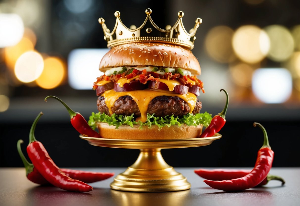 A sizzling Limited Edition Spicy King Burger sits on a golden pedestal, flanked by fiery red chili peppers and a crown symbolizing its royal status