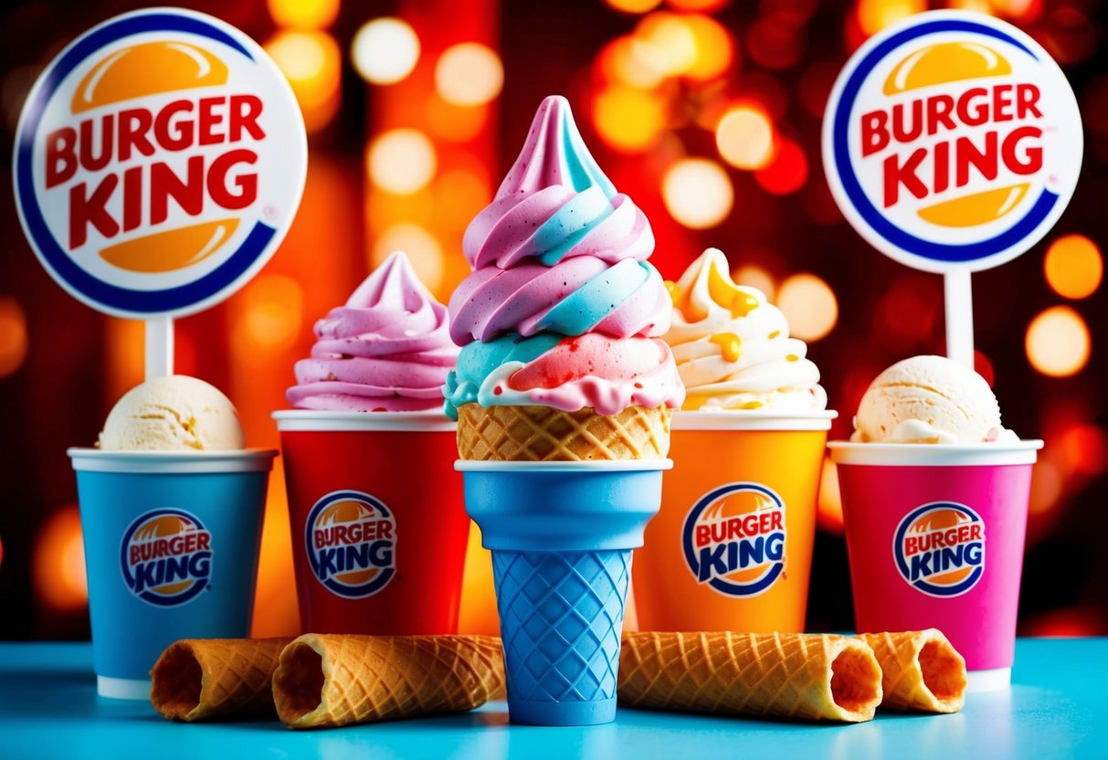 A colorful ice cream cone surrounded by Burger King promotional signs