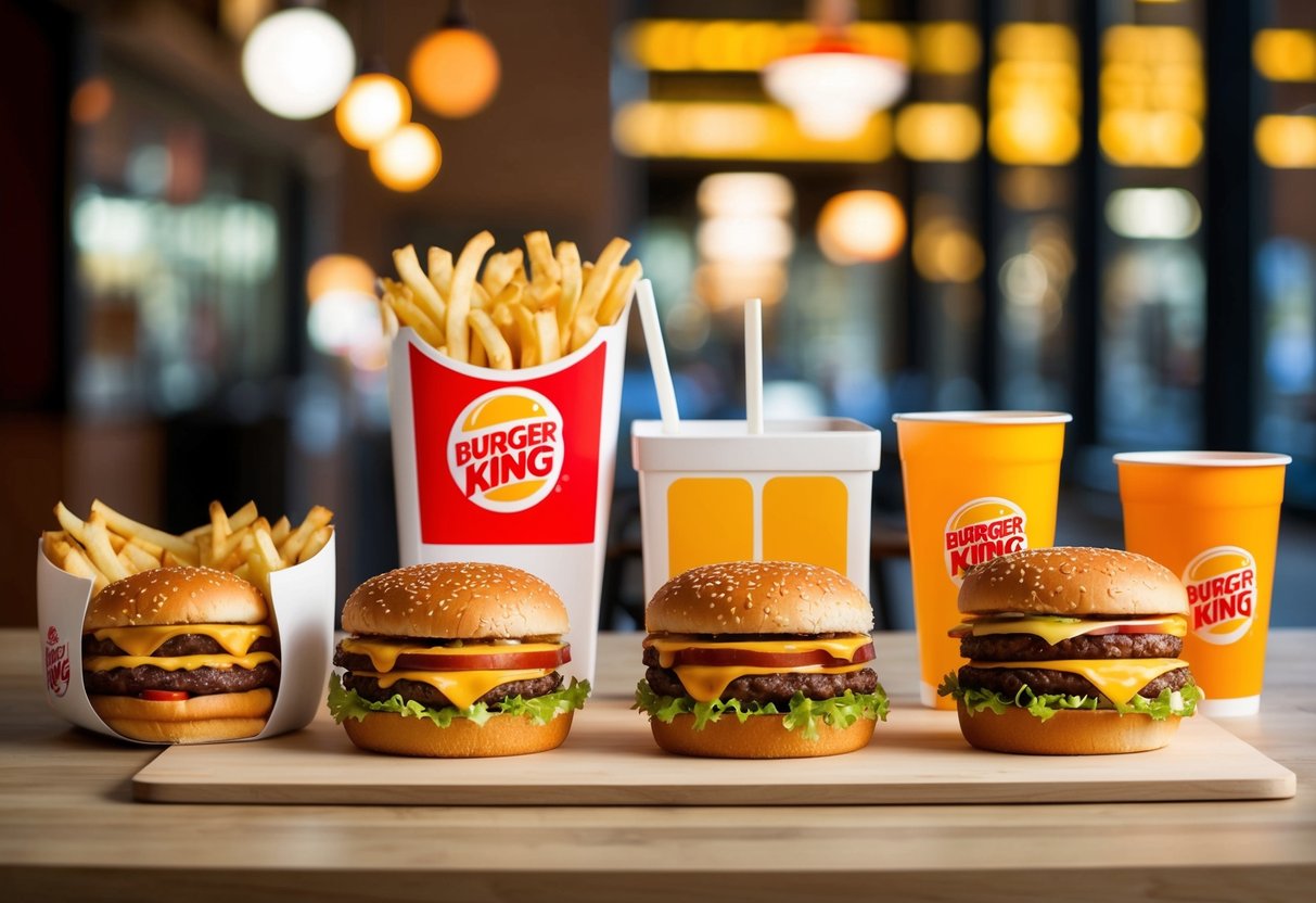 A table set with Burger King's Family Feast Bundle: burgers, fries, and drinks