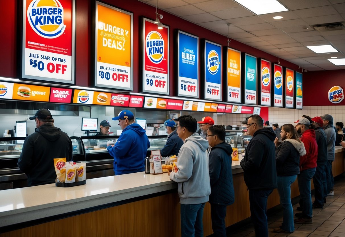A bustling Burger King restaurant with colorful promotional posters lining the walls, showcasing various deals and offers. Customers eagerly line up at the counter to take advantage of the promotions