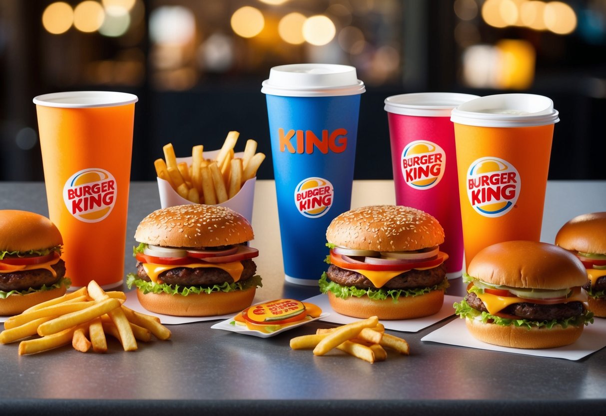 A table with a variety of Burger King promotional items spread out, including burgers, fries, and drinks