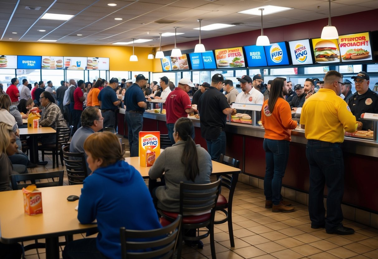 A crowded Burger King restaurant with people lining up for promotions. Tables and chairs fill the space, and the counter is busy with staff serving customers