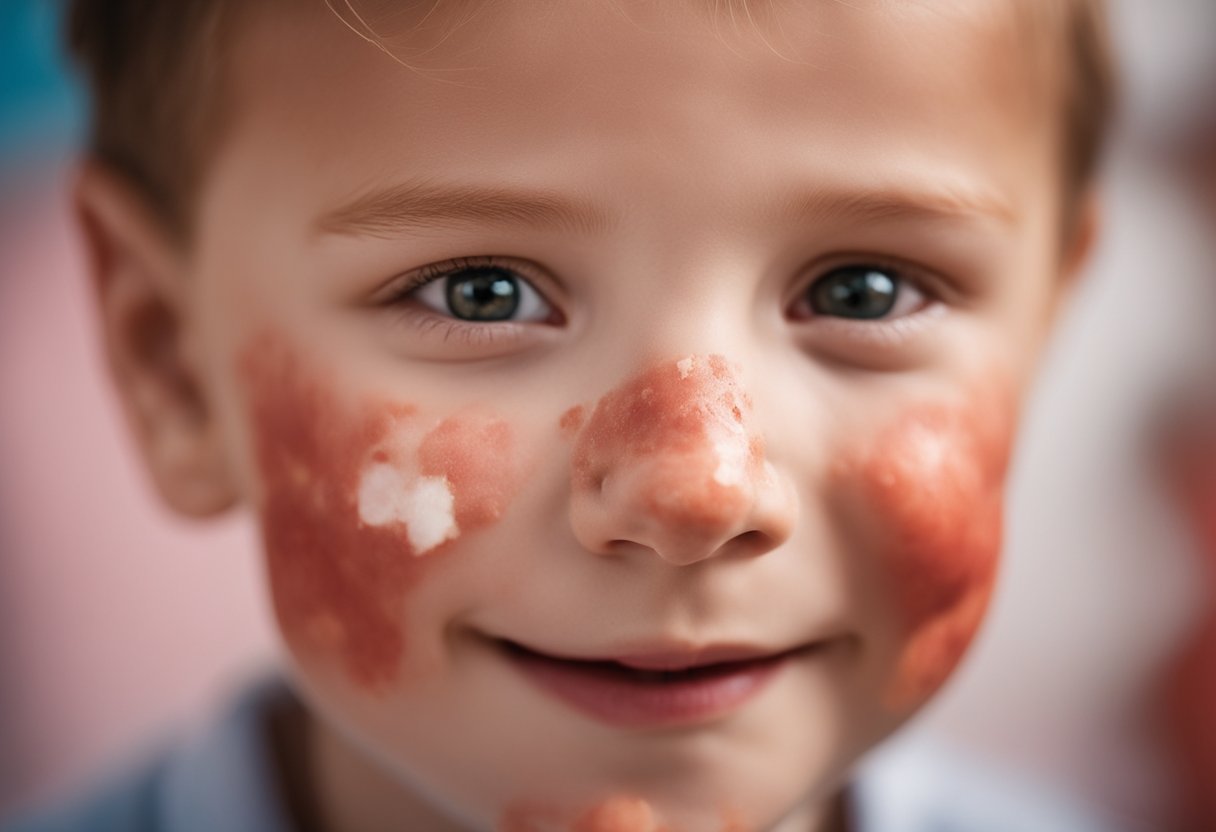 A child's red, inflamed skin with visible patches of eczema. A variety of soothing creams and lotions scattered around the scene