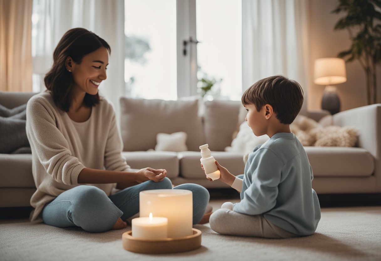 A cozy living room with a parent and child sitting together, surrounded by soothing creams, gentle bath products, and soft cotton clothing