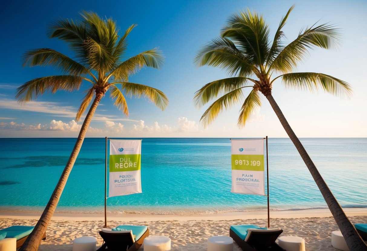 A tropical beach with palm trees, clear blue waters, and a luxurious resort with promotional banners