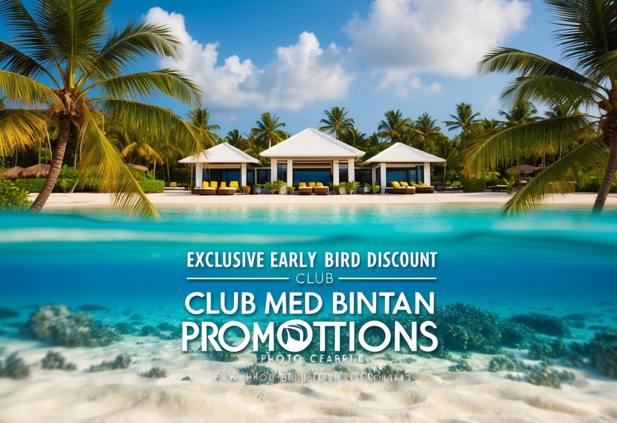 A tropical beach resort with palm trees, crystal clear water, and a luxurious beachfront pavilion advertising "Exclusive Early Bird Discount club med bintan promotions"