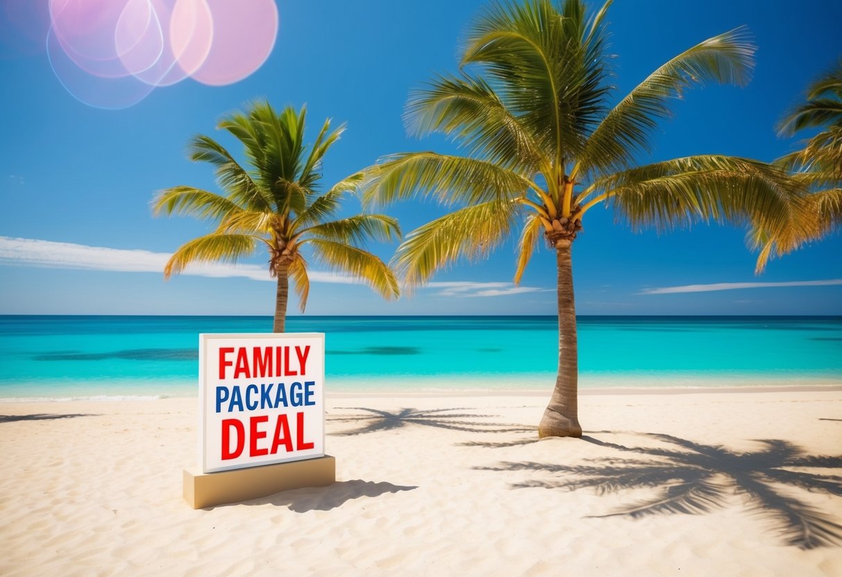 A sunny beach with palm trees, a crystal-clear ocean, and a luxurious resort with a "Family Package Deal" promotion sign