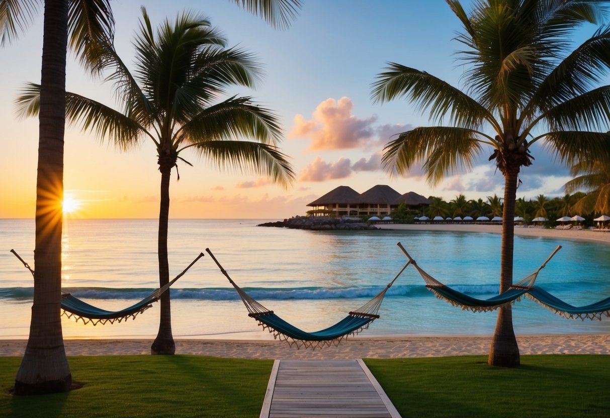 A tropical beach at sunset, with palm trees, hammocks, and a luxurious resort in the background
