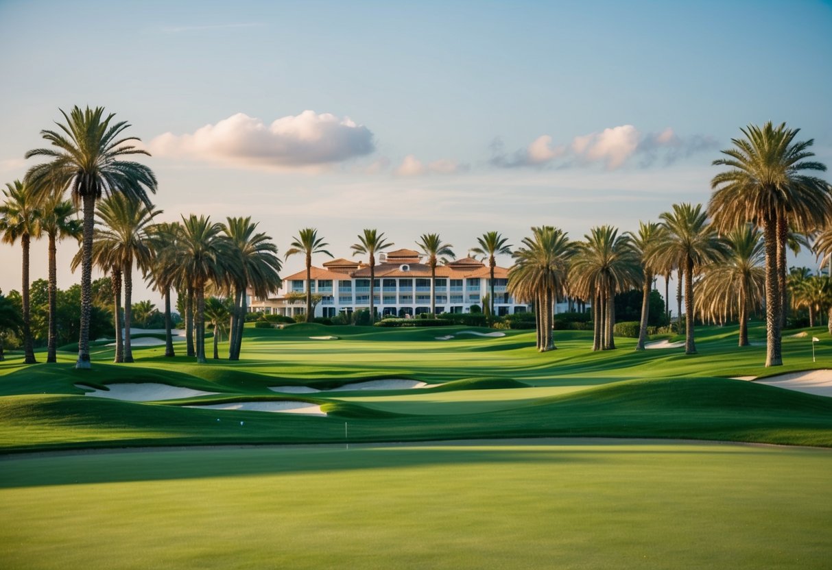 A lush green golf course with palm trees, a clear blue sky, and a luxurious resort in the background