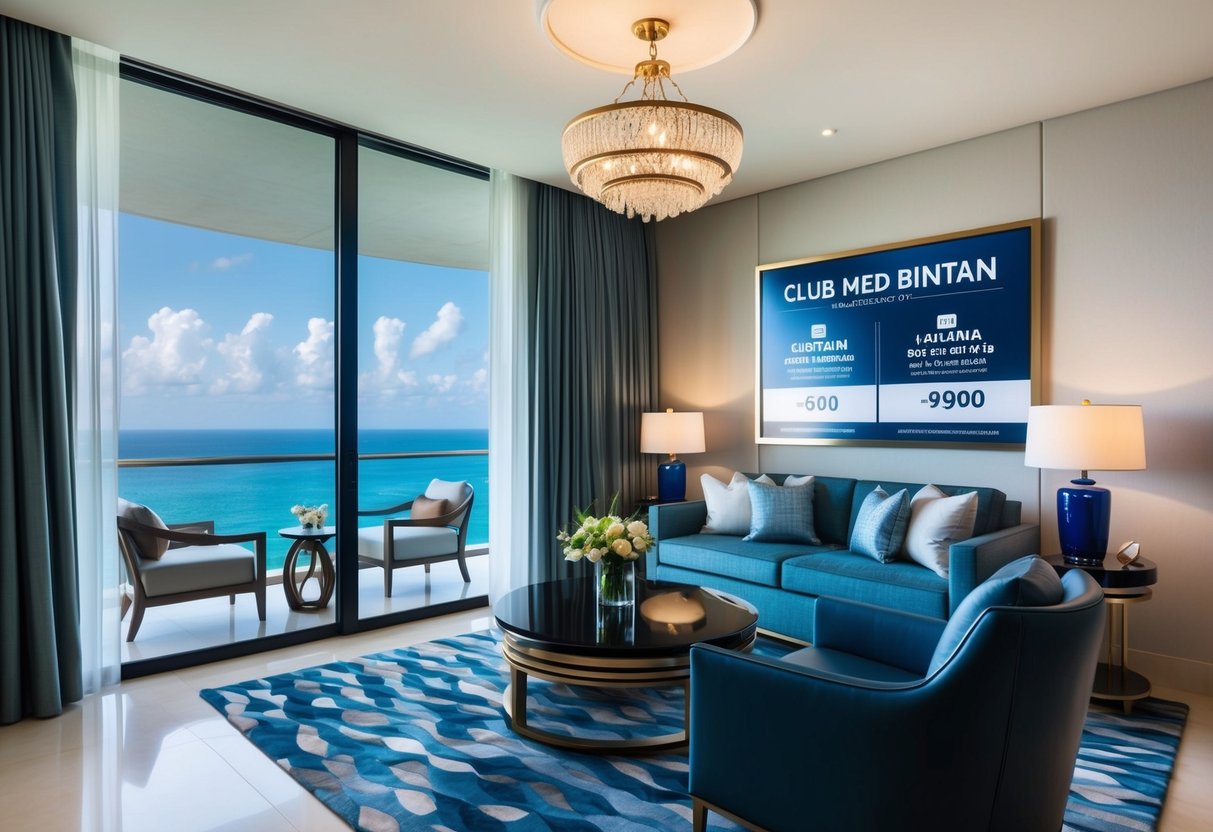 A lavish suite at Club Med Bintan, with ocean views, modern furnishings, and exclusive promotional offers displayed