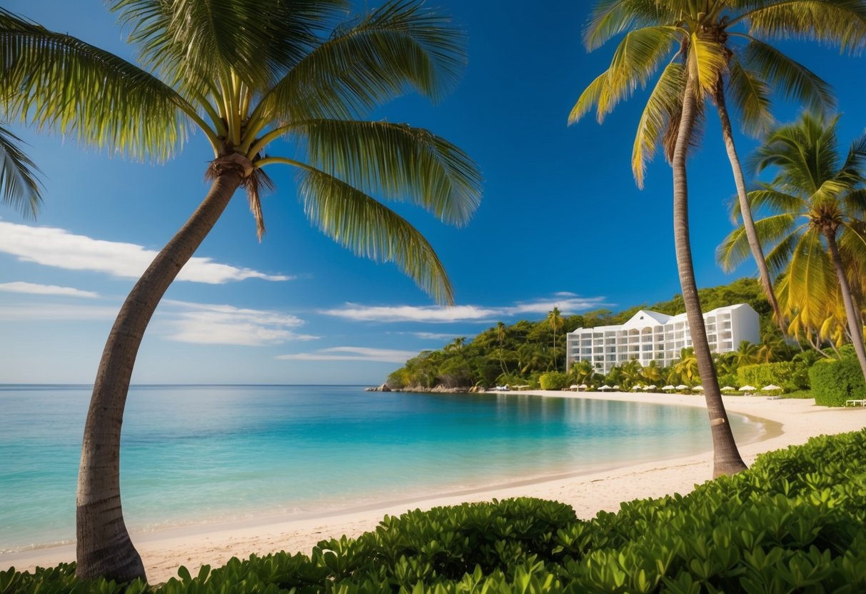 A tranquil beach with palm trees, clear blue water, and a luxurious resort nestled among lush greenery