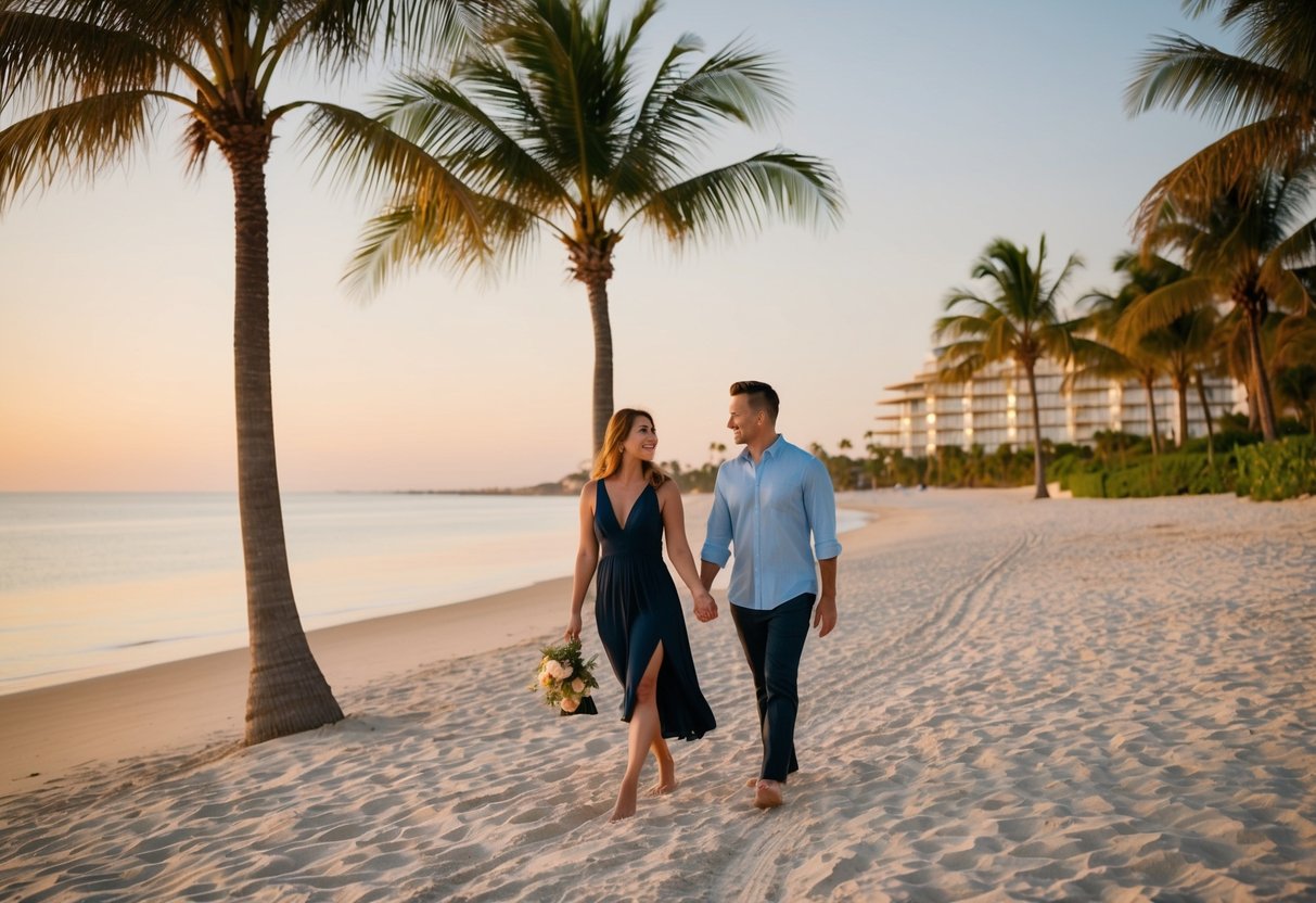 A couple strolling along a sandy beach at sunset, with palm trees and a luxurious resort in the background