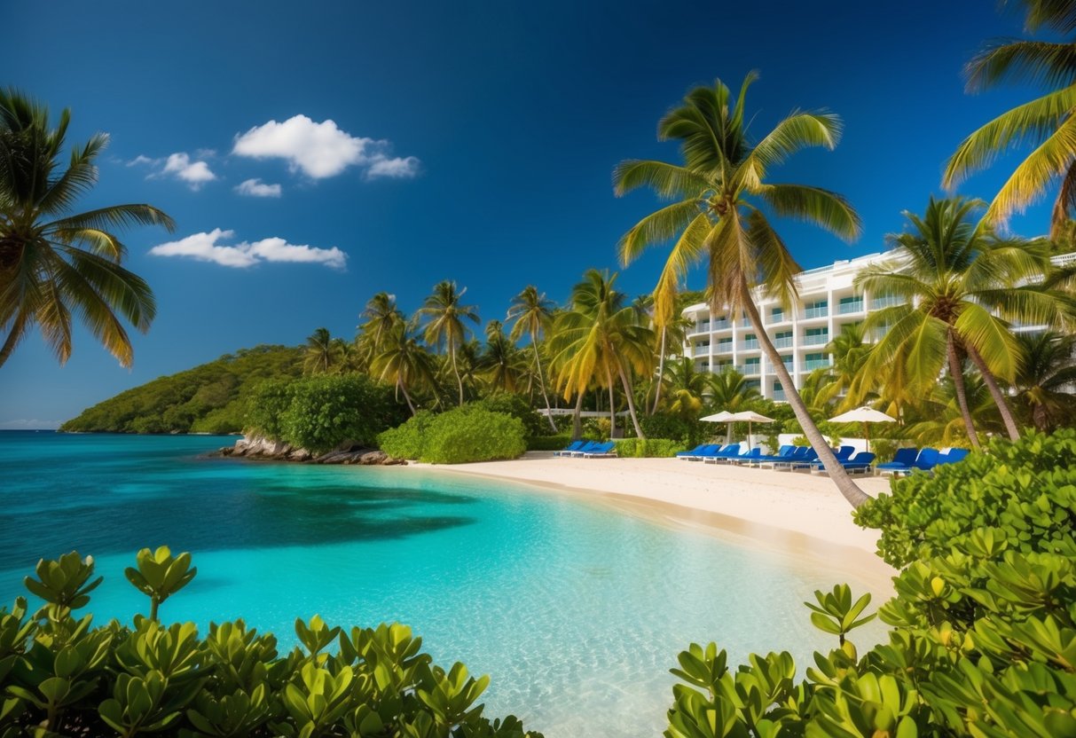 A lush tropical beach with palm trees, crystal clear water, and a luxurious resort nestled among the foliage