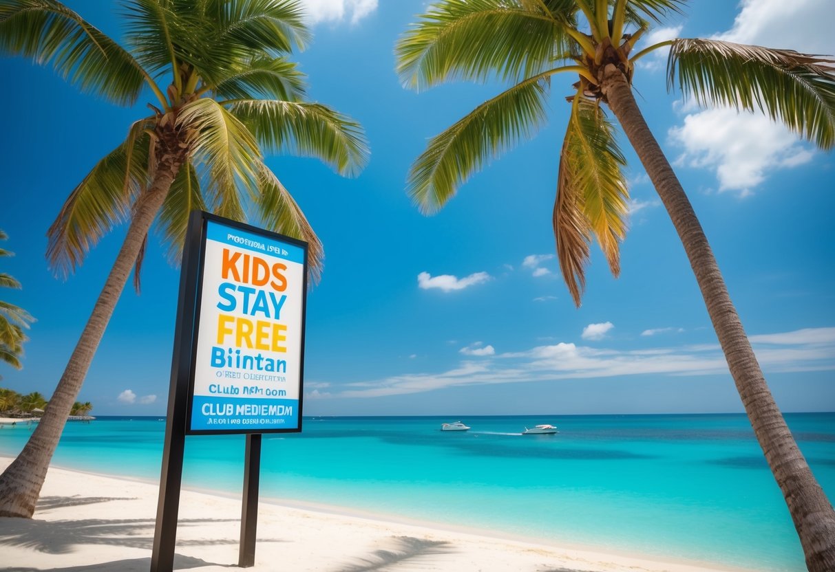 A vibrant beach with palm trees and clear blue waters, with a sign promoting the Kids Stay Free Offer at Club Med Bintan