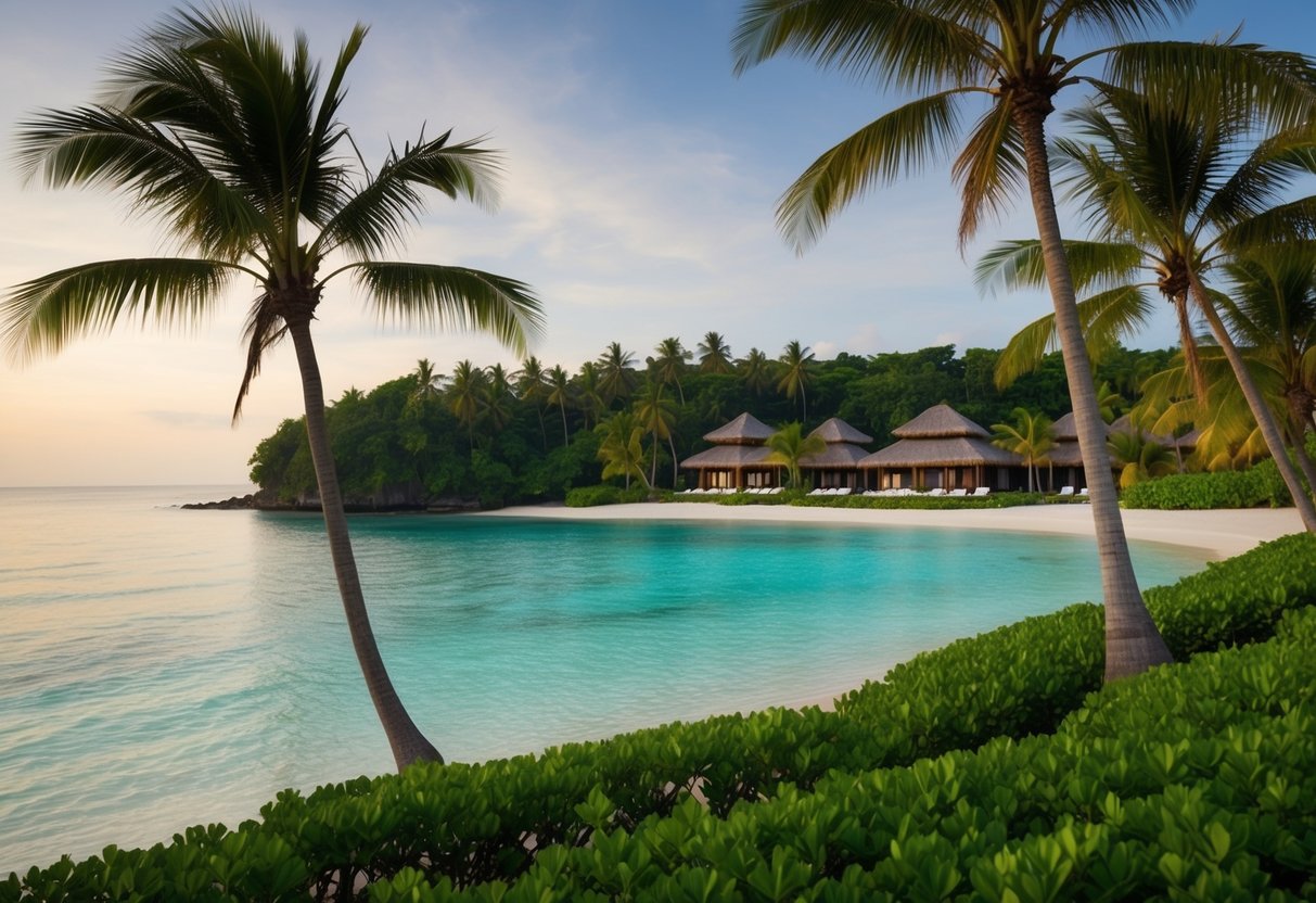 A serene beach with palm trees, crystal-clear waters, and a luxurious resort nestled among the lush greenery of Bintan Island