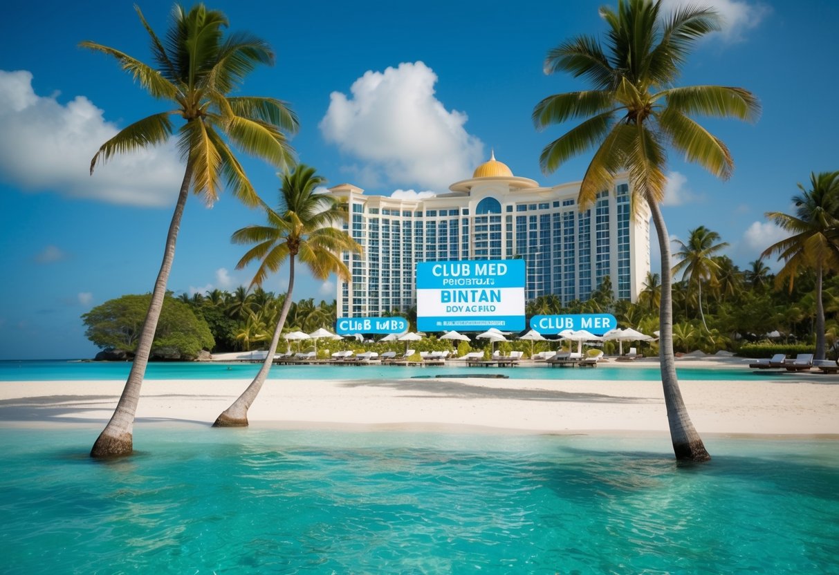 A tropical beach with palm trees, crystal-clear water, and a luxurious resort with Club Med Bintan promotions displayed prominently