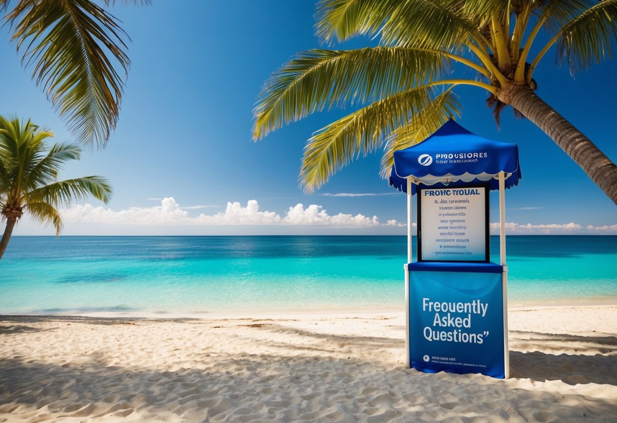 A tropical beach resort with palm trees, a crystal-clear ocean, and a promotional booth with a "Frequently Asked Questions" sign